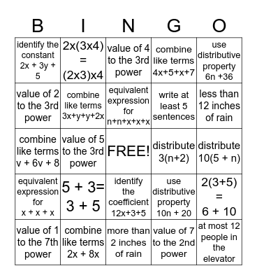 Algebra Bingo Card