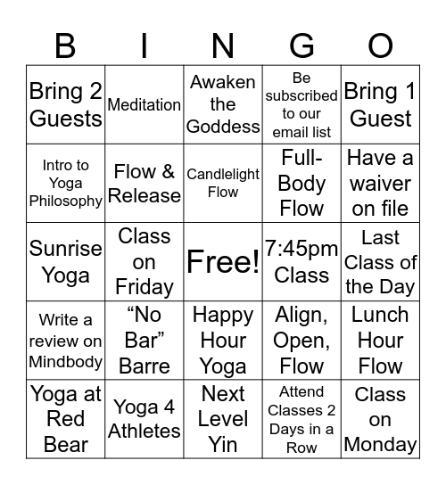 No Excuses November @ Yoga NoMa Bingo Card