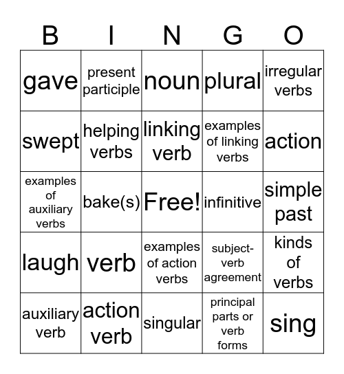 Verb Review Bingo Card