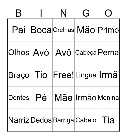 Corpo e Familia Bingo Card