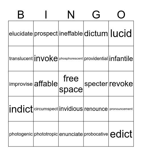 Unit One and Two Bingo Card