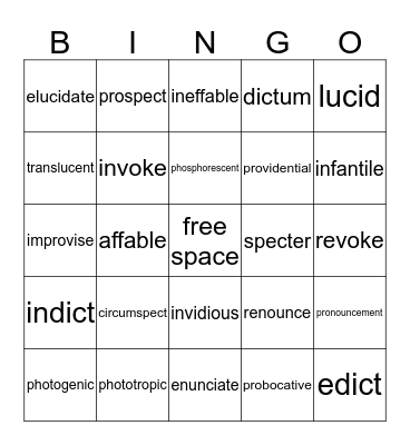 Unit One and Two Bingo Card