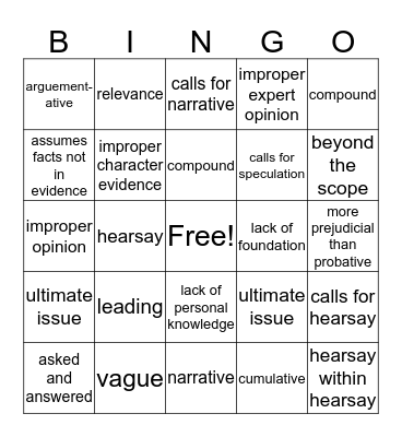 Objection Bingo Card