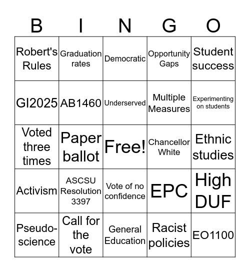 Senate 10/24/19 Bingo Card
