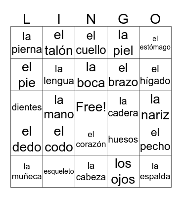 PARTES DEL CUERPO Bingo Card