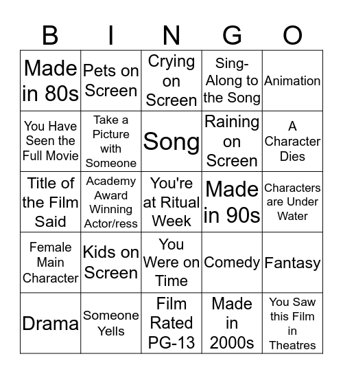 Hollywood Bingo Card