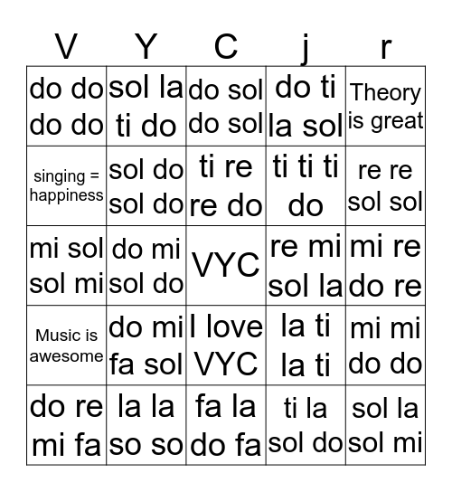 VYC Solfege Bingo Card