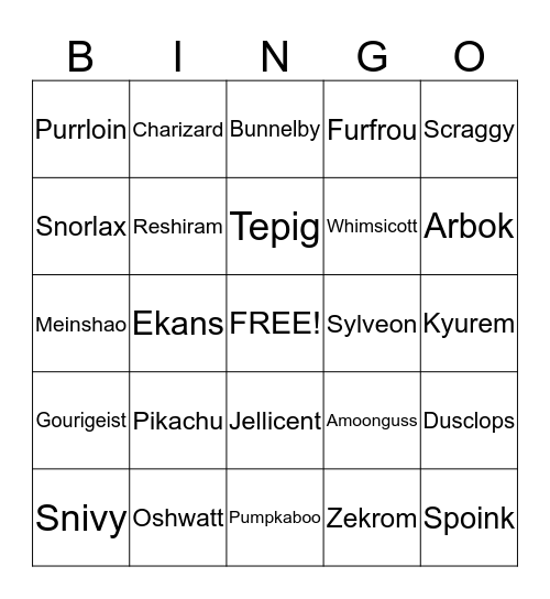 Charlie's Pokemon Birthday Bingo Card