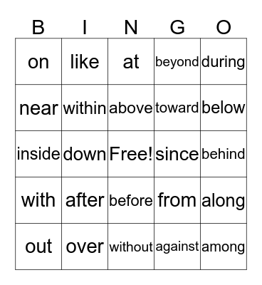 Prepositions Bingo Card