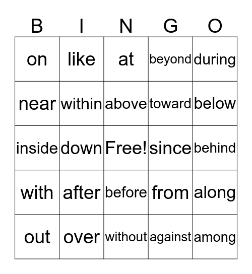 Prepositions Bingo Card