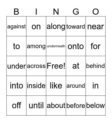 Prepositions Bingo Card