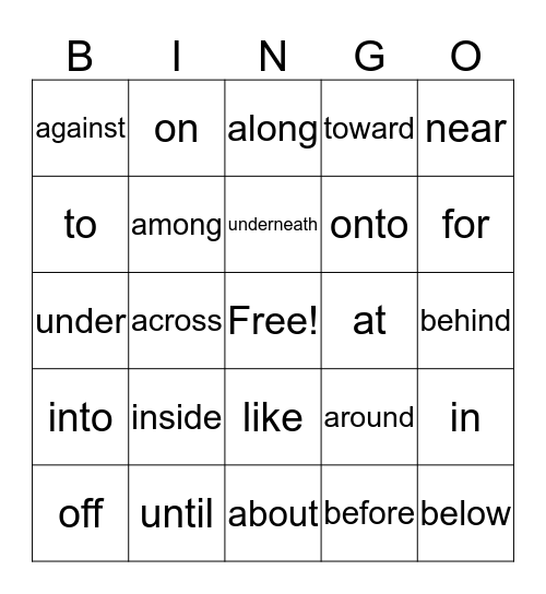 Prepositions Bingo Card