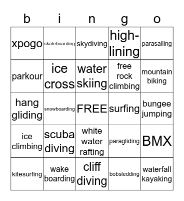 Honor 1 Extreme Sports Bingo Card