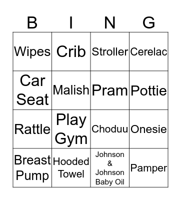 Sherin's Baby Shower Bingo Card