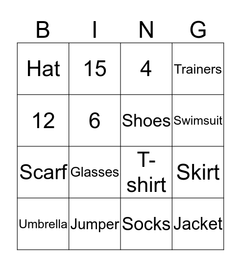 Clothes and numbers Bingo Card