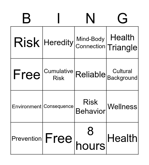 Personal Health  Bingo Card