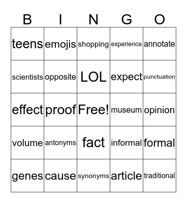 vocabulary Bingo Card