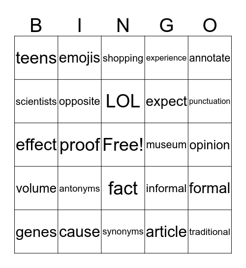 vocabulary Bingo Card