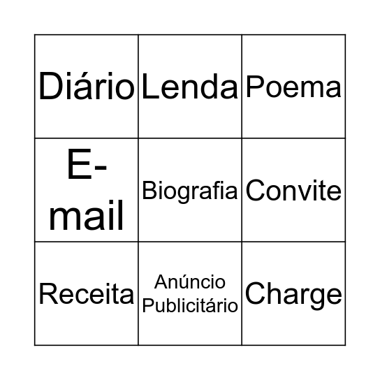 Gêneros Textuais Bingo Card