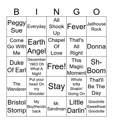 Sock Hop Bingo Card
