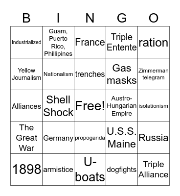 Spanish-American War & WWI Bingo Card