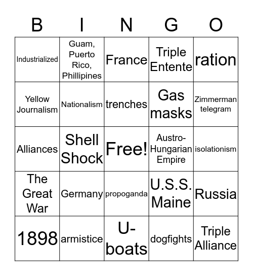 Spanish-American War & WWI Bingo Card