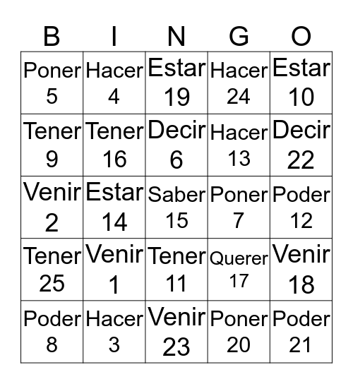 Cambio de raíz- pretérito Bingo Card