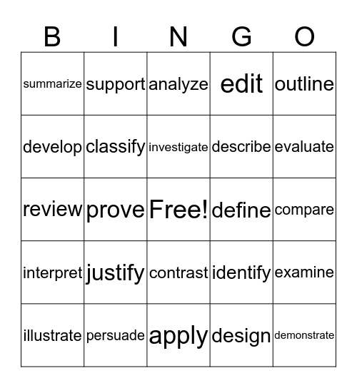 Test Vocabulary  Bingo Card