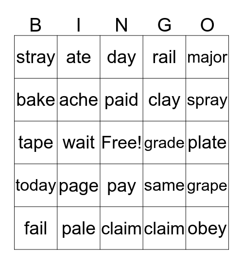 Long A Spelling Pattern Bingo Card