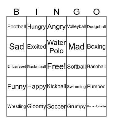 Feelings & Sports Bingo Card