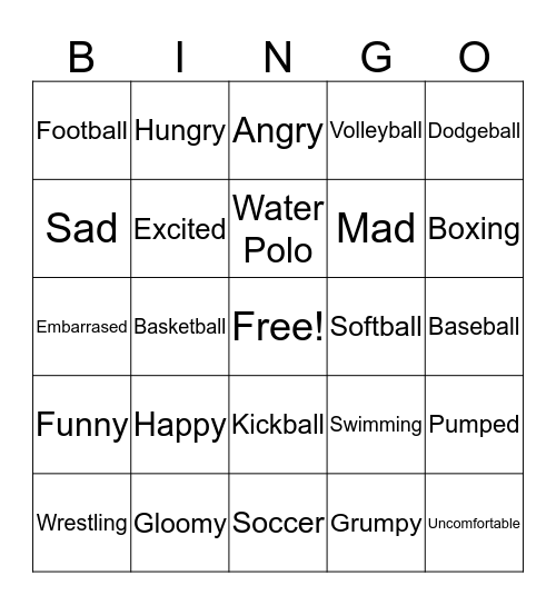 Feelings & Sports Bingo Card