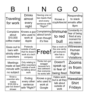 Tech bro bingo Card