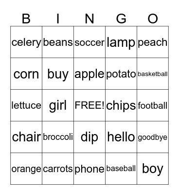 Food Groups Bingo Card