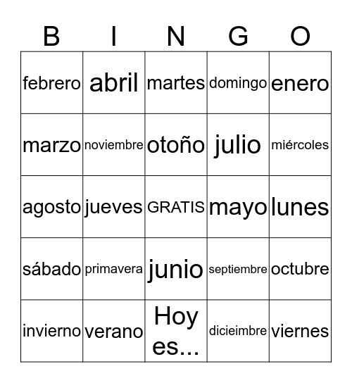 El Calendario: Días, Meses y Estaciónes Bingo Card