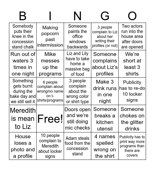 House and Publicity Bingo Card