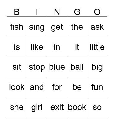 Sight Words Bingo Card