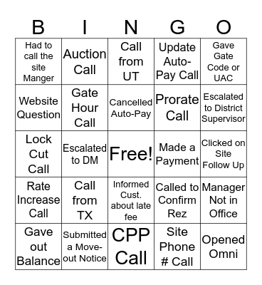 New Hire Service Bingo Card