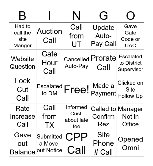 New Hire Service Bingo Card
