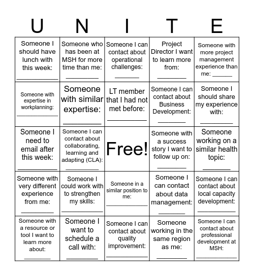 "Uniting for Excellence!" at MSH Bingo Card