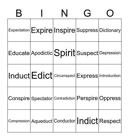 Root Word Bingo Card