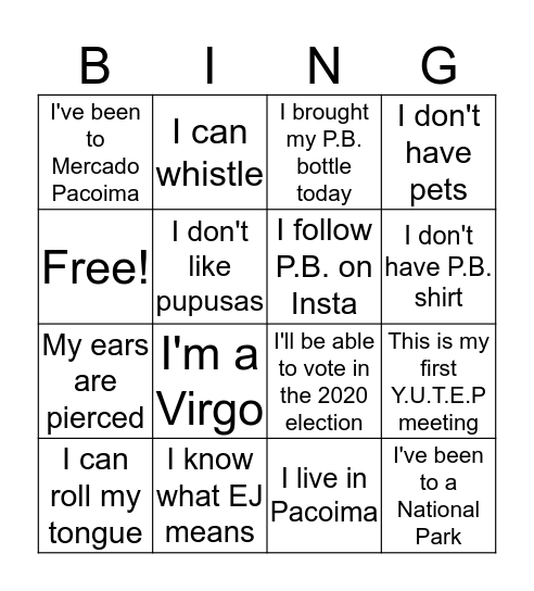 Y.U.T.E.P BINGO Card