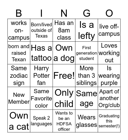 HDFSA Bingo Card