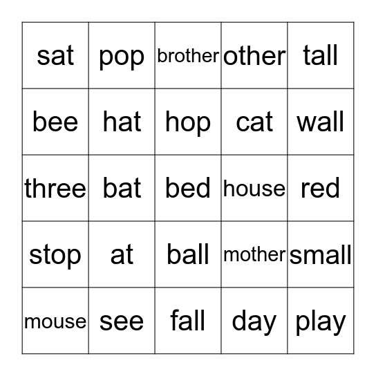 word sounds Bingo Card
