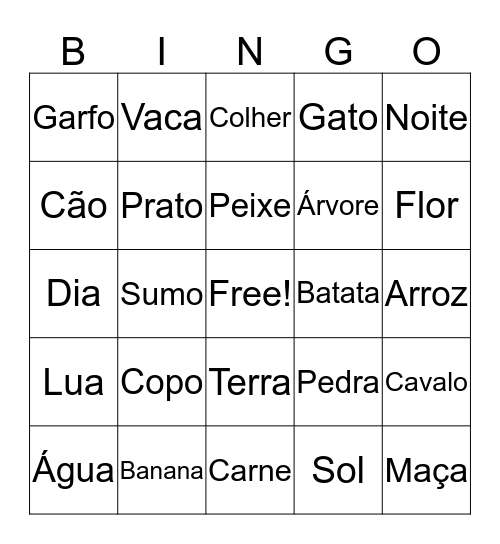 Comida, Bebida, e Natureza Bingo Card