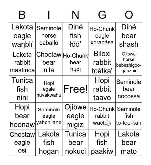 Indigenous Language Animal Bingo Card