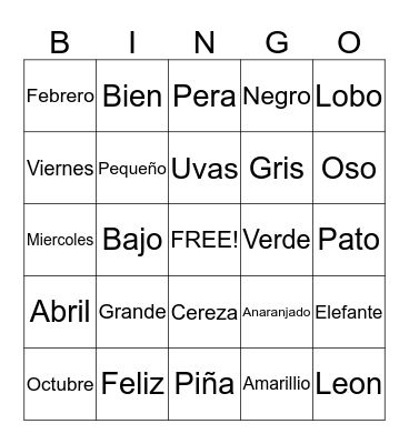 Spanish Lingo Bingo Card