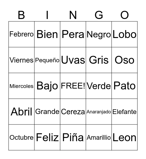 Spanish Lingo Bingo Card
