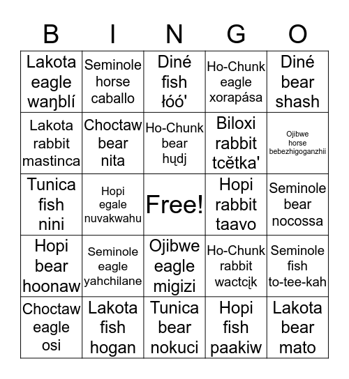 Indigenous Language Animal Bingo Card