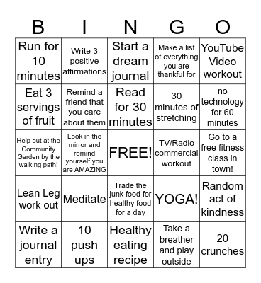 Healthy Lifestyle Bingo week 2! Bingo Card