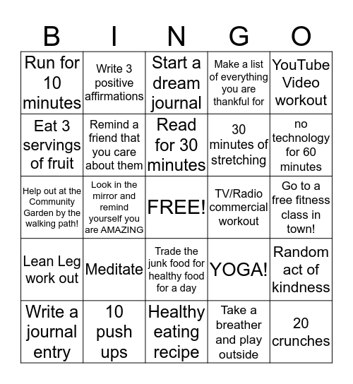 Healthy Lifestyle Bingo week 2! Bingo Card